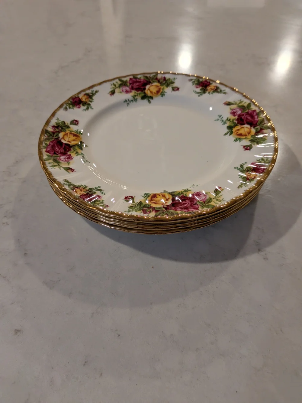 Vintage 1960s Old Country Rose Royal Albert Bone China Gold-Rim Dessert Plates